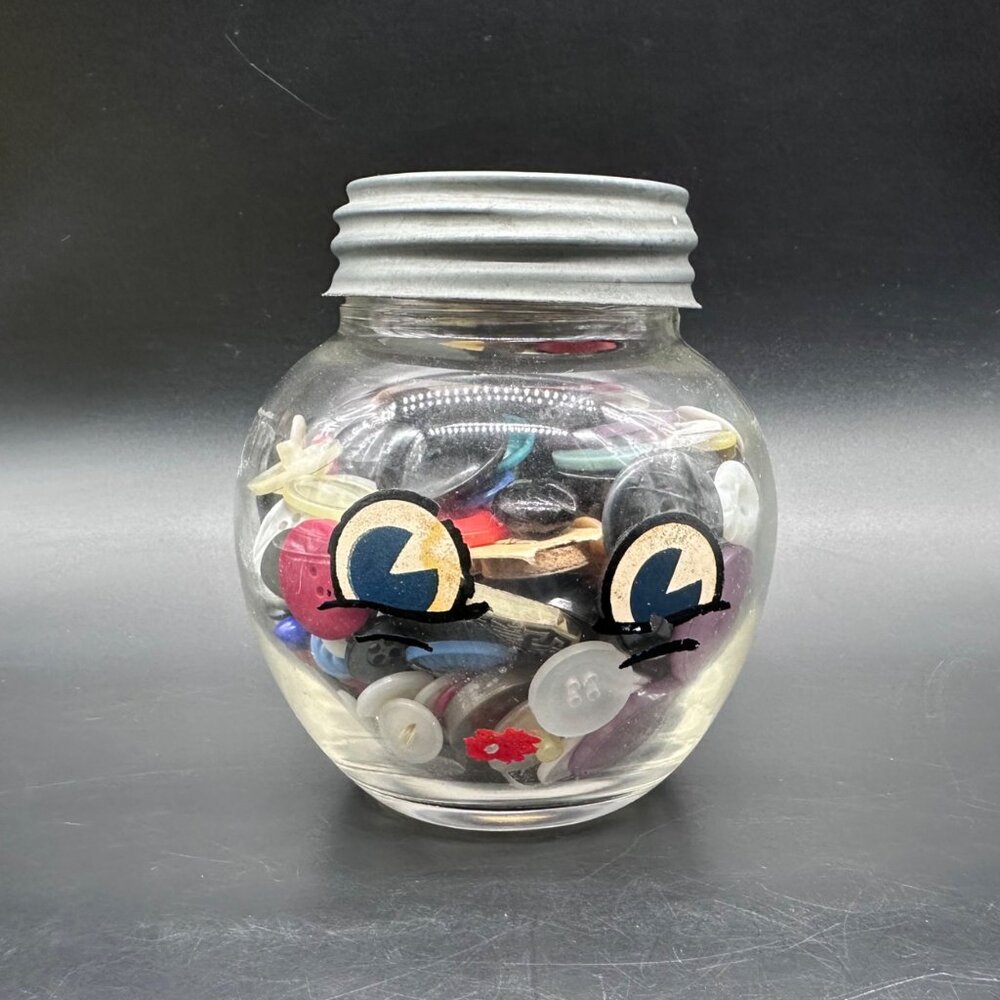 Vintage Button Jar Kitsch Anthropomorphic Face Mid Century Glass Hazel Atlas USA